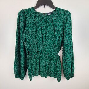 GAP Womens Green Floral Long Sleeve Side Cutout Peplum Top Blouse Medium